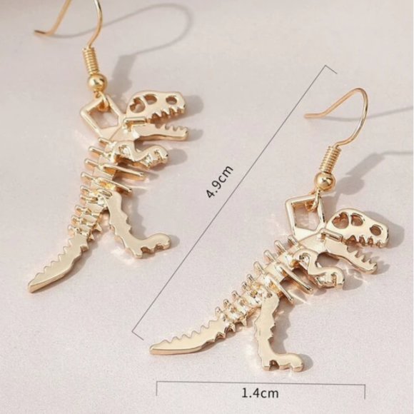 NEW Dinosaur Skeleton Yellow Gold‎ Alloy Drop Earrings - Picture 2 of 3